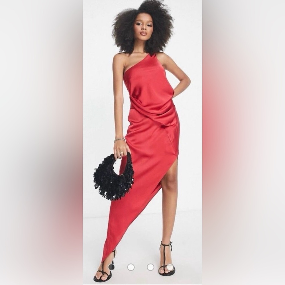 ASOS NWOT satin one-shoulder drape midi dress in red size 8